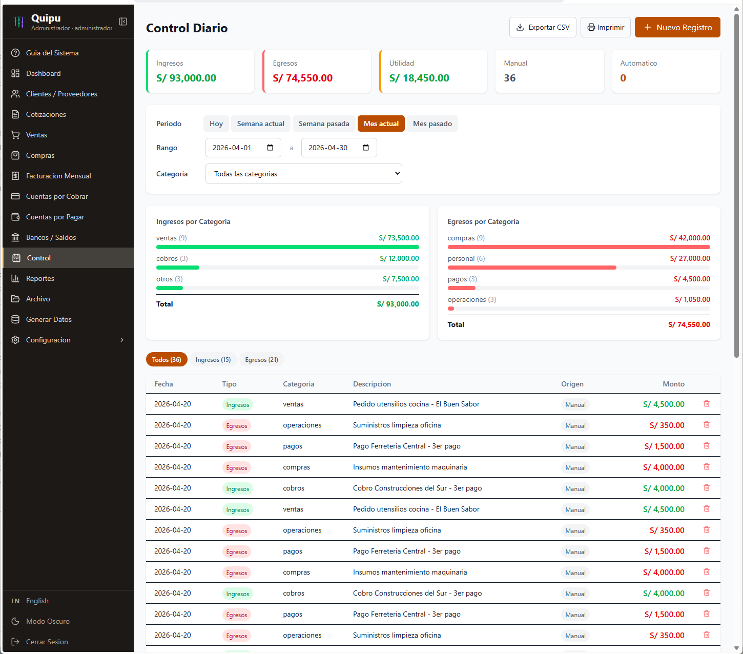 Quipu — Daily control with income and expense breakdown